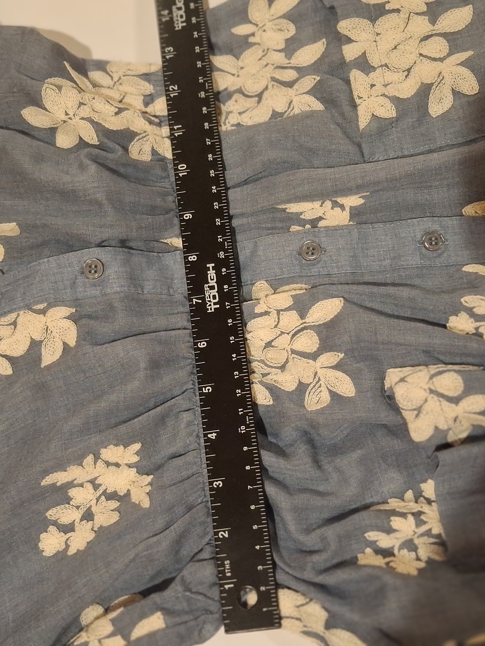 Blue Appliqued Floral Button-Front Mini Dress - Picture 12 of 16